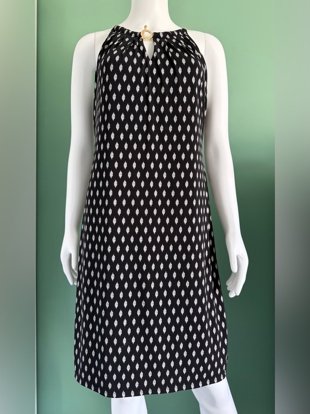 Ivanka Trump Black and White Halter Dress with Gold Toggle Clasp
